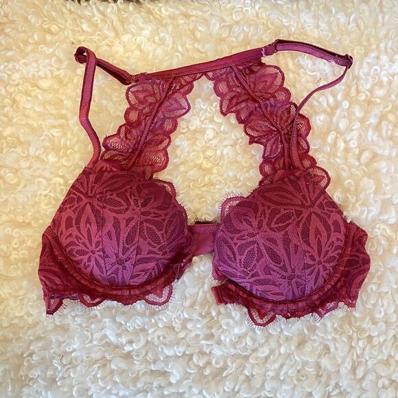 Victoria's Secret PINK Raspberry Lace Date Racerback Bra Front Clasp 32B - Picture 4 of 8